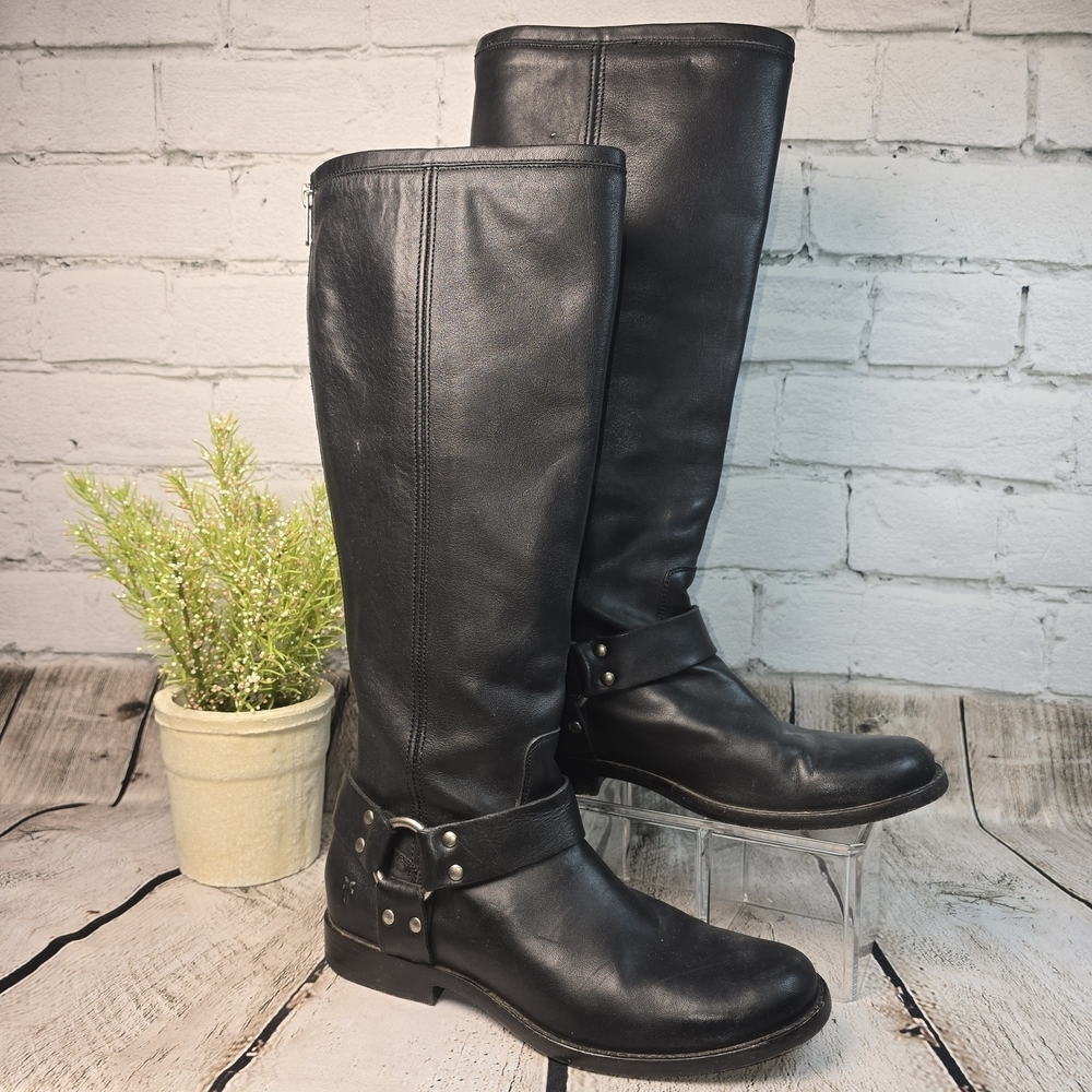 FRYE PHILLIP HARNESS TALL BLACK LEATHER BOOT FULL ZIP BIKER WOMENS 6 EUC
